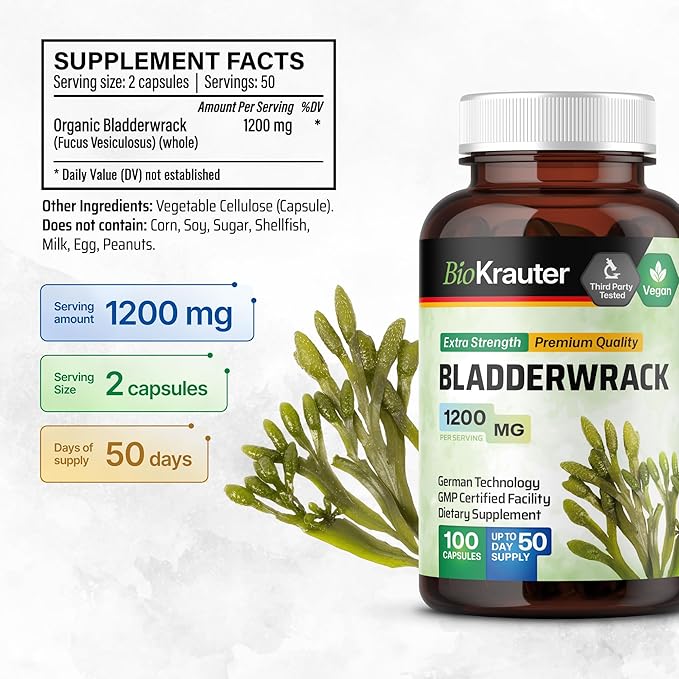 BIO KRAUTER® Bladderwrack for Thyroid Support - Vegan Iodine Supplement 1200 mg per Serving - Bladderwrack 100 Capsules, 50 Days of Supply, Non-GMO - Natural Seaweed Supplement