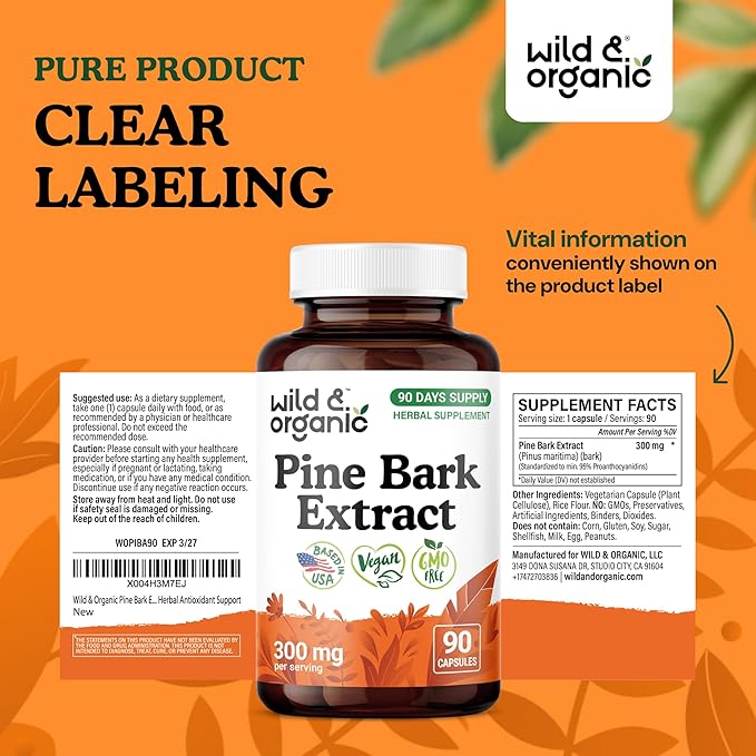 Wild & Organic Pine Bark Extract Capsules 300 mg - Antioxidant Support - 95% Proanthocyanidins - 90 Capsules - French Maritime Pine Bark Extract - 90 Days of Supply - Pinus Maritima - Vegan, Non-GMO