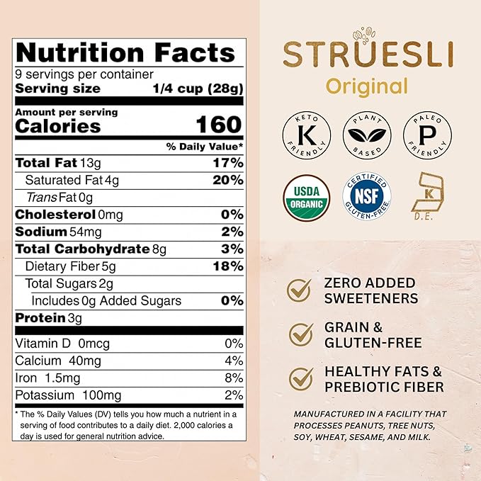 Struesli Original Organic Granola, Grain & Gluten Free, Healthy Snacks with Chia Seeds, Nuts & Sea Salt, Prebiotic High Fiber Food for Yogurt, Cereal & More, Plant Based, Keto & Paleo, 9 Oz, 2 Pack