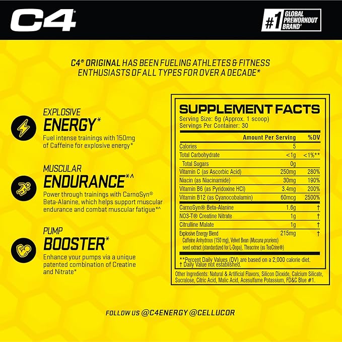 C4 Original Pre-Workout Powder For Endurance, Focus & Performance with 150mg Caffeine, Beta-Alanine, Creatine, Zero Sugar, 30 Servings, Icy Blue Razz