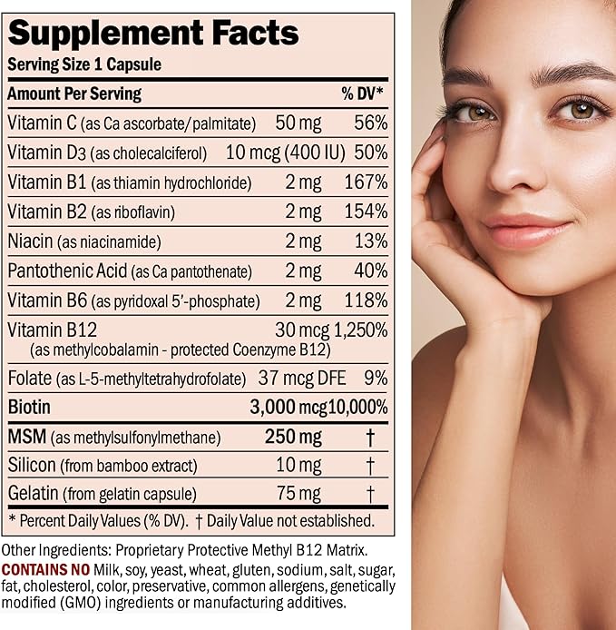ANDREW LESSMAN Healthy Hair, Skin and Nails 360 Capsules - 3000 mcg High Bioactivity Biotin, B-Complex. Promotes Beautiful Skin, Strong Nails. No Additives Hair Growth Vitamins Biotin Supplement