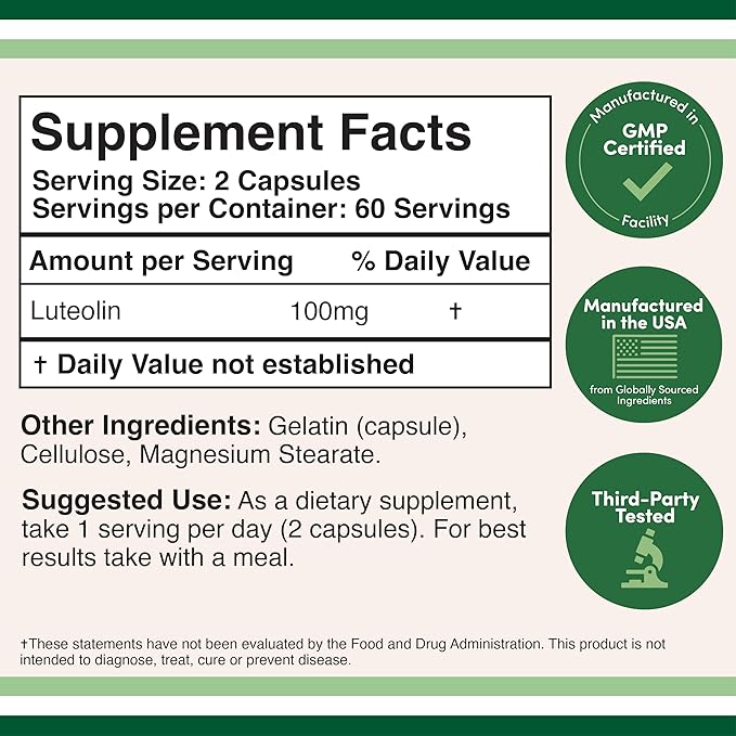 Double Wood Supplements Luteolin Supplement 100mg Servings of Bioactive Flavanoids (120 Capsules, Gluten Free) Potent Polyphenols Flavonoid for Brain and Cardiovascular Support