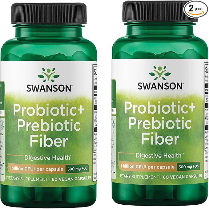 Swanson Prebiotic + Probiotic Fiber Digestive and Immune Health Supplement for Gut-Health-Conscious Adults with 500 Million CFU (60 Vegan Capsules, 2 Pack)