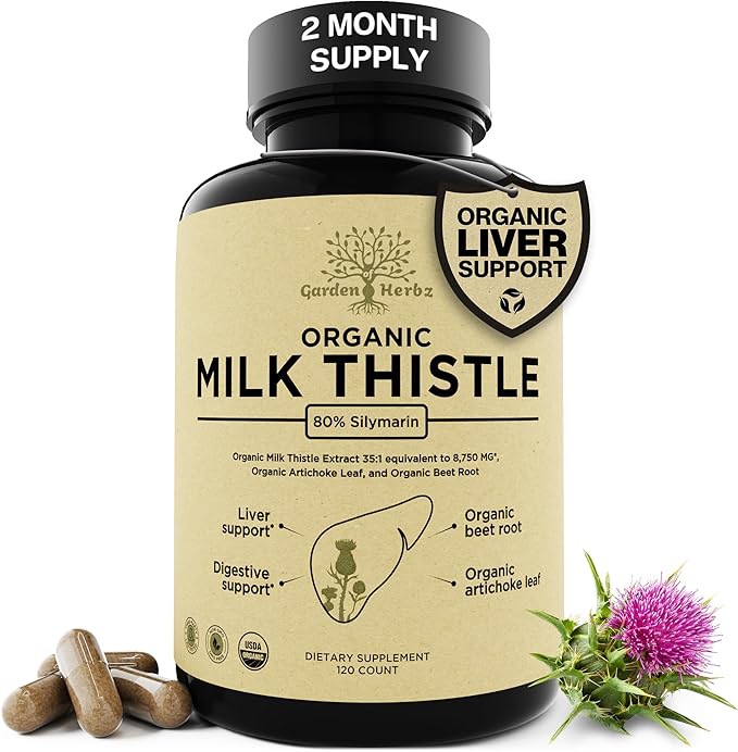 USDA Organic Milk Thistle Liver Detox Supplement 80% Silymarin, 250 mg with Beet Root & Artichoke Extract for Liver Support & Digestion, Made in USA, 120 Capsules (2 Month Supply)