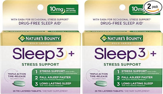 Nature's Bounty Sleep + Stress Support, Sleep3 Maximum Strength 100% Drug Free Sleep Aid, Dietary Supplement with Ashwagandha, Time Release Technology, 10mg, 28 Tri-Layered Tablets (Pack of 2)