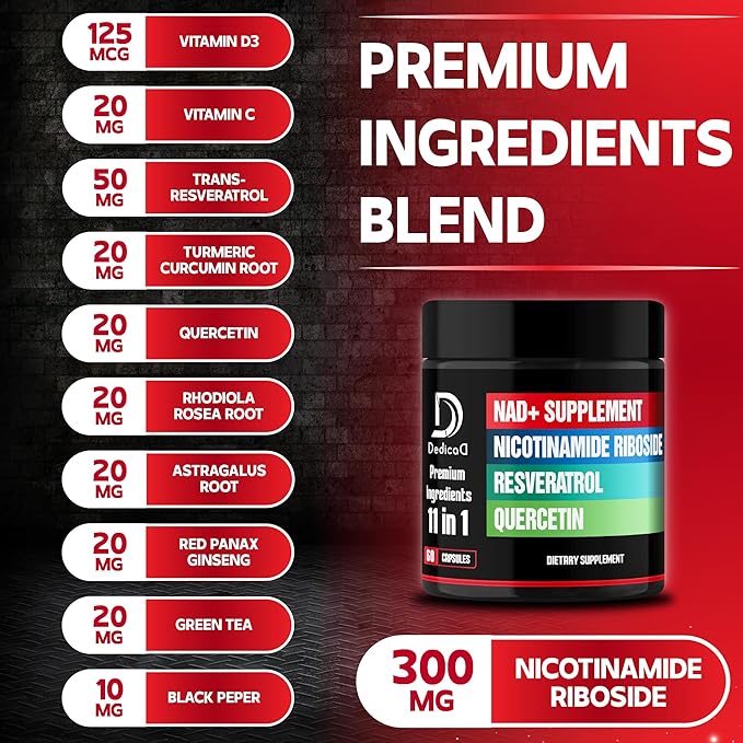 DEDICAD 11in1 NAD Supplement with Nicotinamide Riboside, Quercetin, Resveratrol and 8 More - 2 Month Supply