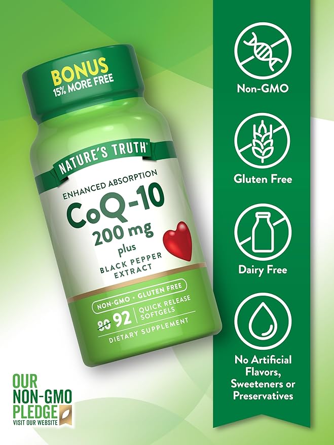 Nature's Truth CoQ10 200 mg Softgels | 92 Count | Enhanced Absorption | with Black Pepper Extract | Non-GMO & Gluten Free Supplement