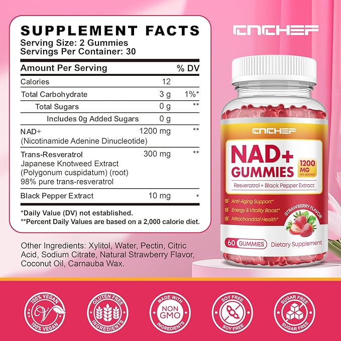 NAD+ Gummies, 1200mg Liposomal NAD Supplement for Women & Men with Trans-Resveratrol & Black Pepper Extract Anti-Aging Supplement, Brain & Cellular Mitochondrial Health - 60 Gummies Strawberry