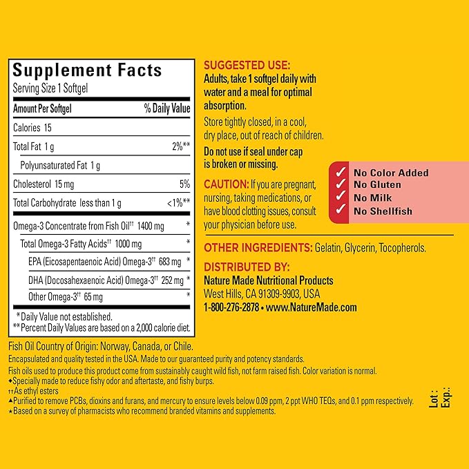 Nature Made Extra Strength Omega 3 Fish Oil Supplements, 1400mg, Fish Oil Omega 3 Supplements as Ethyl Esters for Healthy Heart, Brain, Eyes, Mood Support, 45 Softgels, 45 Day Supply, (Pack of 2)