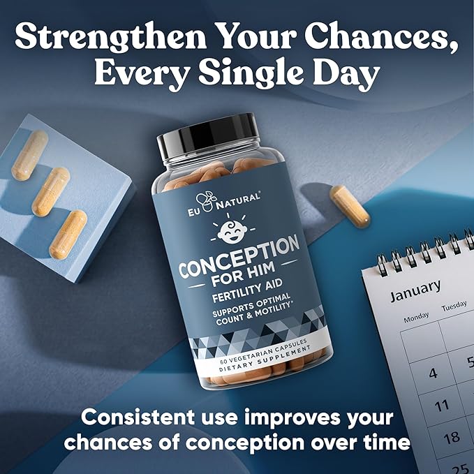 Eu Natural Conception for Him - Male Fertility Supplements with Ashwagandha, Folate & Zinc - Sperm Count, Motility & Strength Support - Fertility Support for Men, 120 Vegetarian Capsules