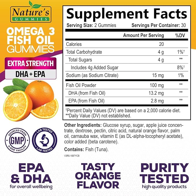 Omega 3 Fish Oil Gummies, Heart Healthy Omega 3 Gummy Supplement with High Absorption DHA & EPA, Extra Strength Joint & Brain Support, Delicious Orange Flavor Fish Oil Nature's Vitamin - 60 Gummies