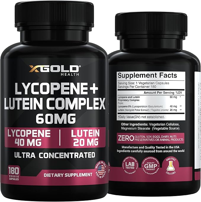 Lycopene + Lutein Supplement 60mg – 40mg Lycopene (Tomato Extract) + 20mg Lutein – Eye Health & Vision Support – Antioxidant for Skin & Cellular Health – Non-GMO, Vegan – 180 Capsules