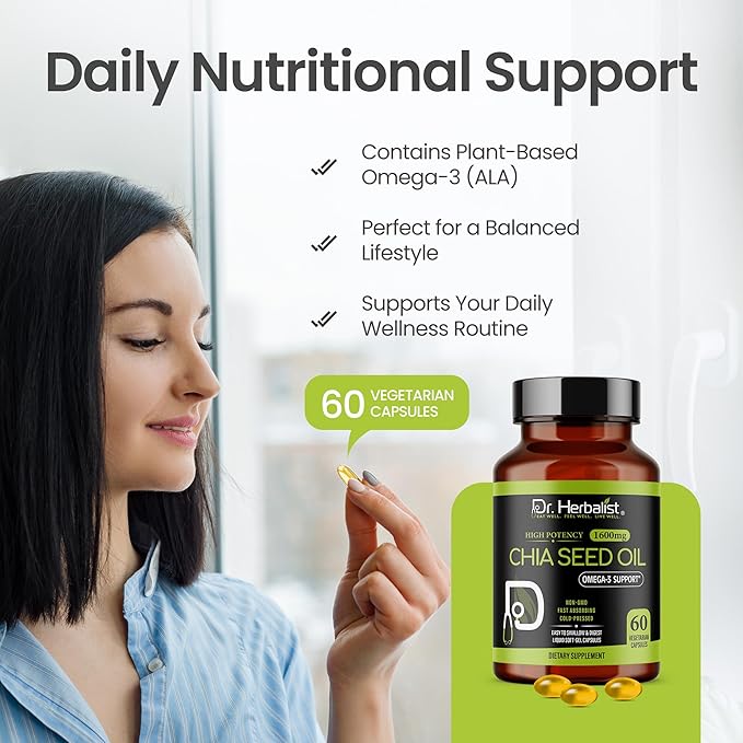 Dr. HERBALIST Chia Seed Oil 1600mg Softgels - Plant-Based Superfood Supplement with Omega 3 Fatty Acids, Antioxidants & Natural Nutrients - 60 Capsules for Men & Women