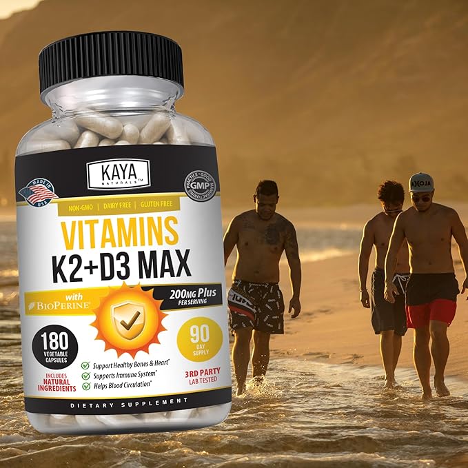 Kaya Naturals Vitamins K2 with D3 5000IU Supplement for Men and Women - Easy to Swallow - Bioperine Capsules (180 Count (Pack of 1)