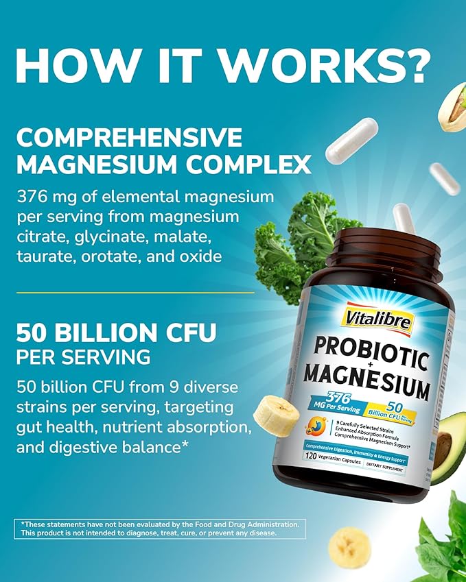 Vitalibre Probiotic with Magnesium Complex for Women Men, 50 Billion CFU, 9 Strains, Magnesium Glycinate Citrate Malate for Digestion, Immunity, Bone, Energy & Recovery, 120 Vegan Capsules, Non-GMO