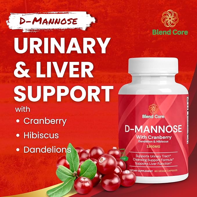 D-Mannose with Cranberry, Dandelion & Hibiscus – 1350mg – Urinary Tract & Liver Support – 60 Veggie Capsules
