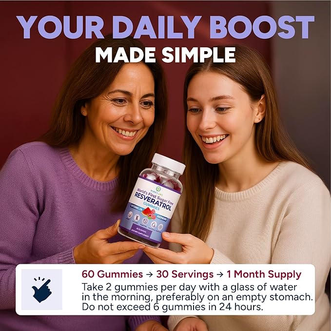 Sugar-Free Resveratrol Gummies - Potent Anti-Aging Antioxidant - Resveratrol Supplement to Support Digestive & Immune Health - Natural Herb for Cell Growth & Repair - Easy Chewable NMN Alternative
