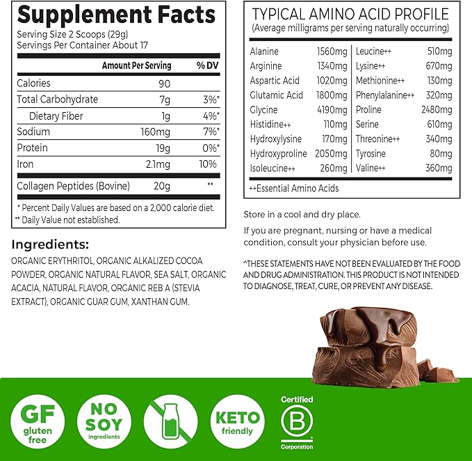 Orgain Hydrolyzed Collagen Peptides Powder For Women & Men, Chocolate, 20g Grass Fed Collagen - Hair, Skin, Nail, & Joint Support Supplement, Paleo & Keto, Non-GMO, Type I and III, 1lb