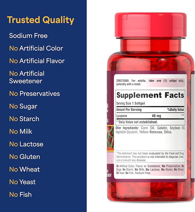 Puritan's Pride Premium Lycopene 40mg, Dietary Supplement for Prostate, Antioxidant, Heart Health, and Overall Health Support, 2 Month Supply, 60 Rapid Release Softgels