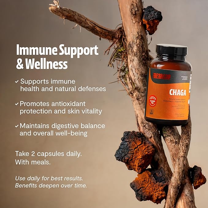 FreshCap Organic Mushroom Capsules Supplement - Fruiting Body Extract (Chaga, 120 Capsules)