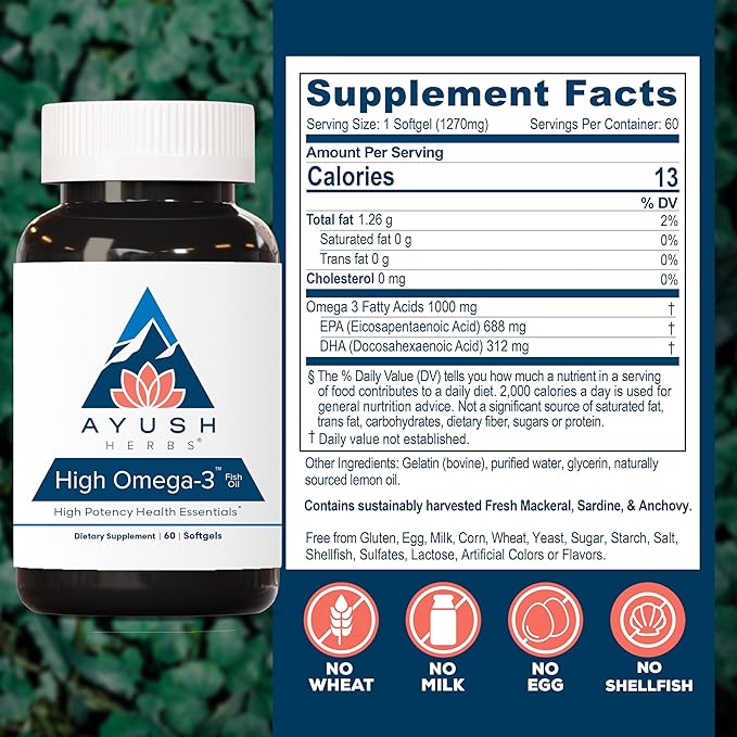 Ayush Herbs High Omega 3 - Omega 3 Fish Oil, 1000mg Per Capsule, EPA & DHA Fish Oil Supplement for Women & Men, Natural Lemon Flavor - 60 Softgel Capsules (1 Count)