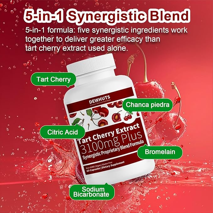 5 in 1 Tart Cherry Extract 3100mg with Bromelain & Chanca Piedra - Support Healthy Uric Acid Levels Already Within Normal Range, Joint Comfort, Non-GMO Vegan Gluten-Free, 60 Capsules
