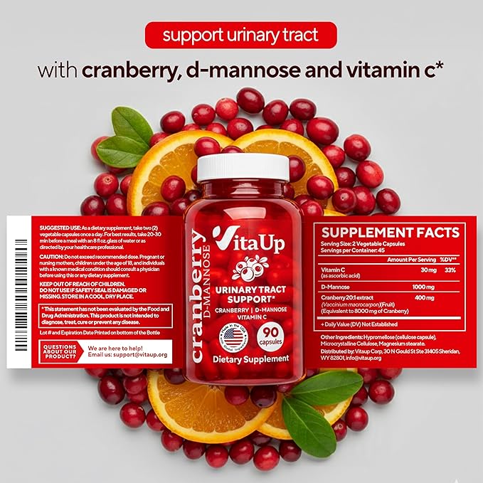 D-Mannose Supplements for Women – USA Made D-Mannose with Cranberry & Vitamin C – Cranberry Pills for Women for Urinary Tract & Bladder, Immune Support – 90 Vegan Capsules