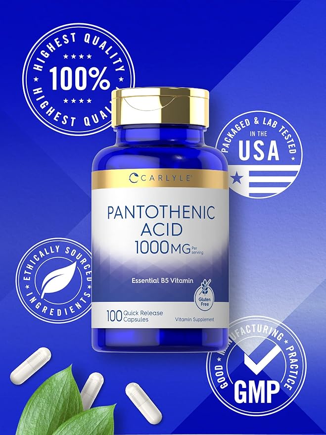 Carlyle Pantothenic Acid | 1000mg | 100 Capsules | Essential B5 Vitamin | Non-GMO, Gluten Free Supplement