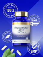 Carlyle Pantothenic Acid | 1000mg | 100 Capsules | Essential B5 Vitamin | Non-GMO, Gluten Free Supplement
