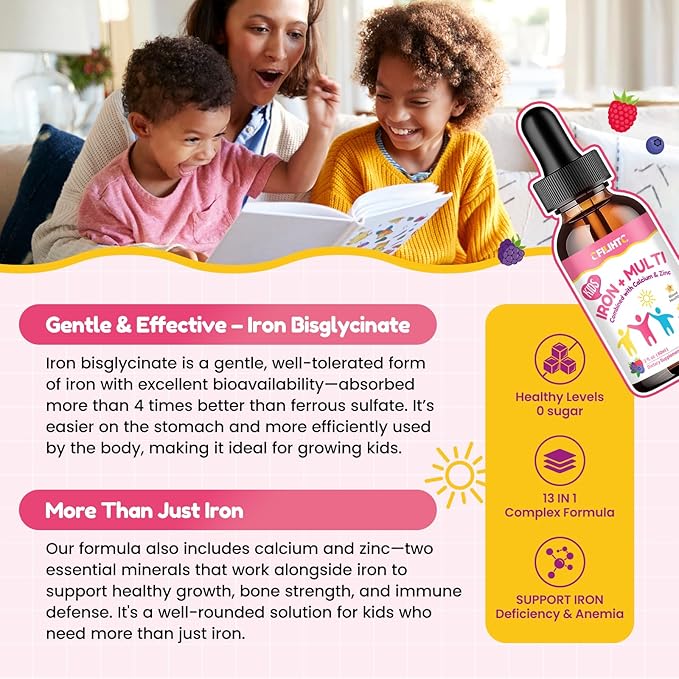 Liquid Iron Supplement for Kids, Women & Men - with Calcium, Zinc, Kids Multivitamin with Iron Drops - Blood Builder & Energy Support for Iron Deficiency, Anemia, Mixed Berry Flavor 2 Fl Oz