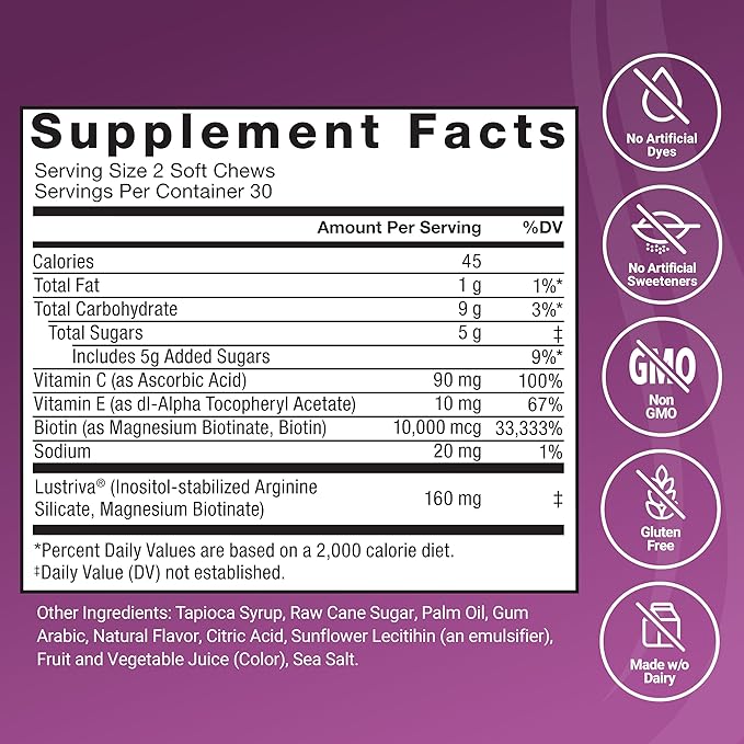 Force Factor Hair Growth Accelerator Soft Chews, Vitamins for Women and Men with Clinically Studied Lustriva and Biotin, Promotes Thicker, Fuller, Stronger Hair, Mixed Berry, 60 Soft Chews (Pack of 2)