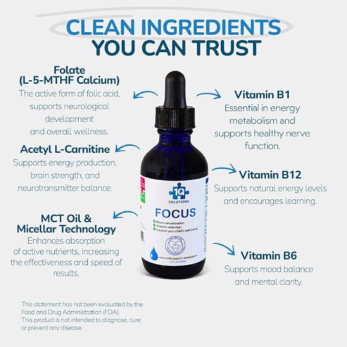 1Q Focus – Liquid Cognitive & Brain Support Natural Drops for Kids | Acetyl L-Carnitine + B1, B6, B12 & Folate | Sugar-Free, Vegan, Non-GMO, Gluten-Free | Advanced Absorption | 2 fl oz 30 Servings