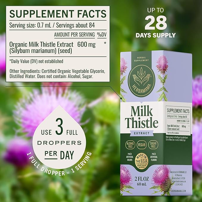 HERBAMAMA Milk Thistle Drops - Vegan Liver Support with Milk Thistle Extract Tincture - Non-GMO, Alcohol & Sugar-Free Liver Detox and Cleanse Supplement, 28-Day Supply