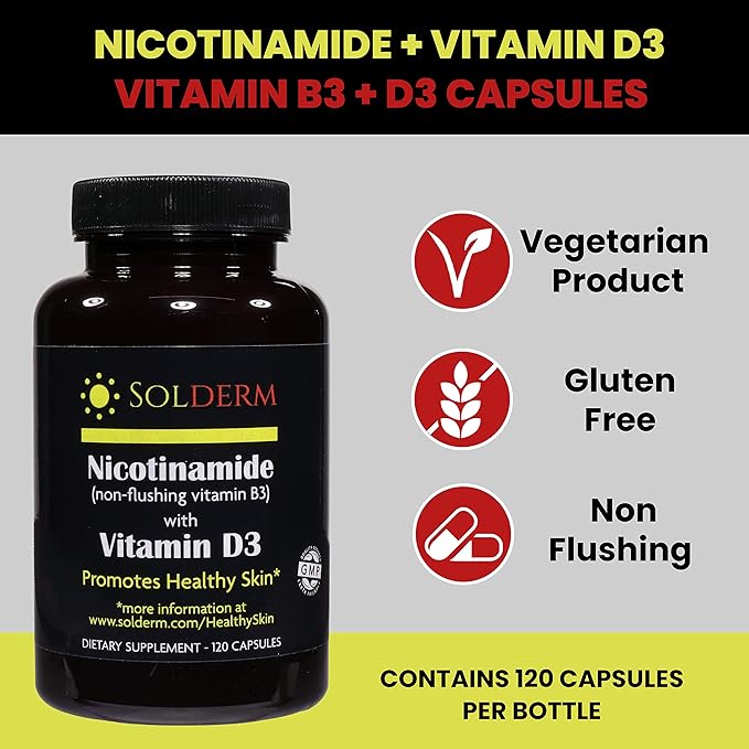 Nicotinamide Non-Flushing Vitamin B3 and D3 Supplement | Vegetarian and Gluten-Free Oral Nicotinamide Supplement with Vegetable Cellulose Casings | Promotes Healthy Skin | 60 Capsules | 500mg