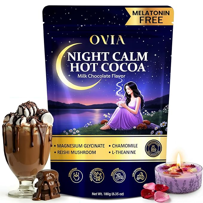 OVIA Night Calm – Melatonin-Free Magnesium Mushroom Hot Cocoa for Sleep – Nighttime Hot Chocolate with L-Tryptophan, L-Theanine & Reishi – Relaxation, Stress & Cortisol Support | 30 Servings