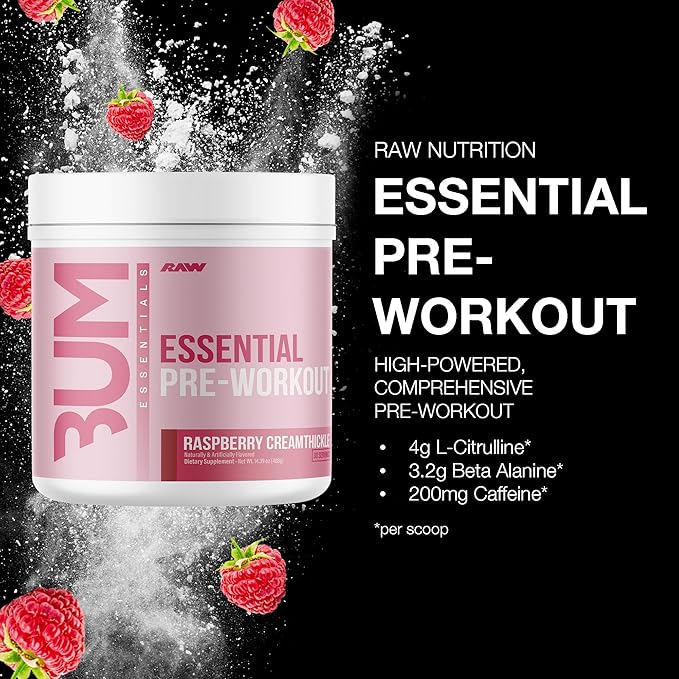 RAW Essential Pre-Workout Powder (Rasberry Creamthickle) - Chris Bumstead Sports Supplement for Men & Women - Preworkout Energy Powder with Caffeine, L-Citrulline, L-Tyrosine, & Beta Alanine Blend