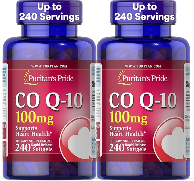 Puritan's Pride Coenzyme CoQ10 100mg, Dietary Supplement for Heart Health, Blood Pressure, Oral Gum Health, and Healthy Aging Support, 240 Rapid Release Softgels, 2-Pack