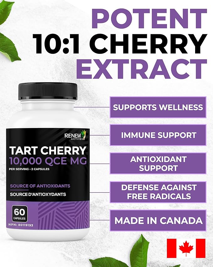 Renew Actives Tart Cherry Extra 500mg per 2 Capsules – High-Potency Antioxidant for Free Radical Protection & Wellness – 60 Easy-to-Swallow Capsules – Made in Canada