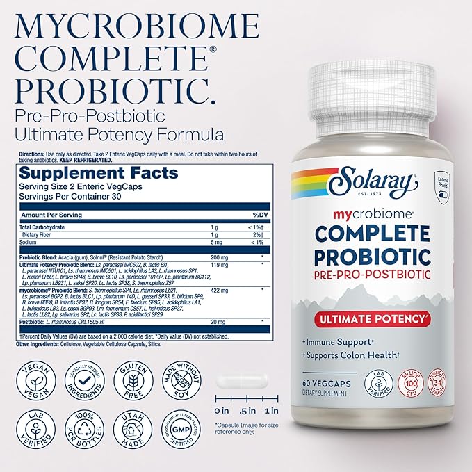 SOLARAY Mycrobiome Complete Probiotic Ultimate Potency - Pre and Probiotics for Women and Men Plus Postbiotic - 100 Billion CFU, 34 Strains - Vegan - 30 Servings, 60 VegCaps