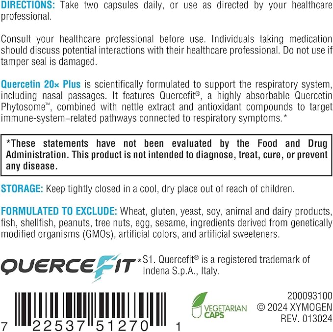 XYMOGEN Quercetin 20× Plus - Quercetin Phytosome Supplement for Immune & Respiratory Support - with Vitamin C & Nettle Leaf - 120 Capsules