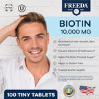 FREEDA Biotin 10,000 mcg – Hair, Skin & Nails Supplement – High-Potency B7 for Hair Growth & Strong Nails – Vegan, Kosher Tablets with D-Biotin – 100 Tiny Tablet