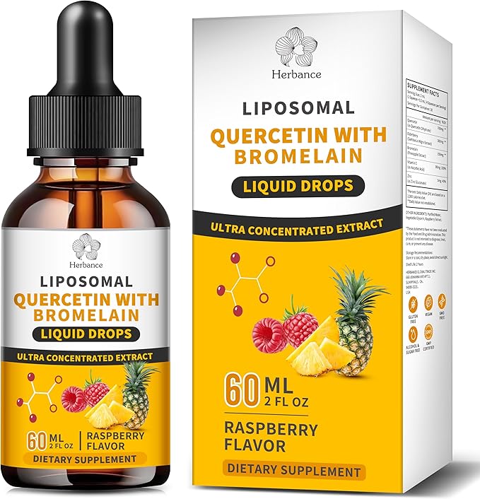 Liposomal Quercetin with Bromelain Liquid Drops for Kis & Aldult- Higher Absorption, Quercetin Supplements 700mg w. Bromelain Elderberry Zinc Vitamin C for Immune, Heart, Antioxidant Support