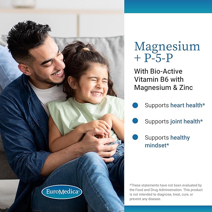 EuroMedica Magnesium + P-5-P - Bone & Heart Health Support Supplement - Dietary Supplement with Vitamin B6, Zinc & Magnesium - Pyridoxal-5-Phosphate Vegan Capsule Supplement - 60 Capsules