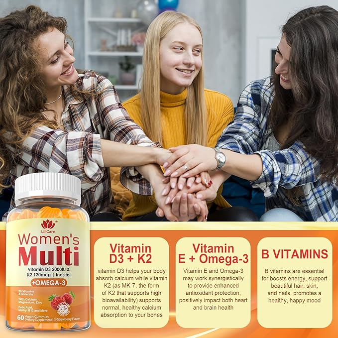 Womens Multivitamin Gummy with Omega 3（DHA/EPA), Vitamin D3 K2, Calcium, Inositol, Daily Womens Vitamin A C E B Complex, L-MethylFolate, Methyl B12,Sugar Free Methylated Multivitamins Minerals, 120Cts
