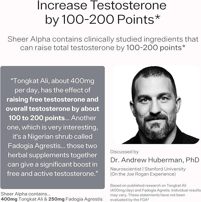 Testosterone Booster for Men - Sheer Alpha T-Booster - Clinically Backed Dose, Strongest Formula - Made in USA - Premium Blend of Fadogia Agrestis Tongkat Ali and Shilajit. 30 Servings