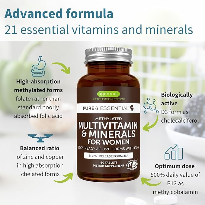 Igennus High Potency Methylated Multivitamin for Women, Pure & Clean Ingredients, MTHFR Supplement with Active B-Vitamins, Vitamin K2 MK7, Gentle Iron, Sustained Released, Non-GMO & Halal, 60 Tablets