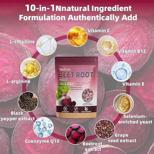 2Pack Beet Root Gummies, 10-in-1 Beetroot Supplements with COQ10, Vitamin C, B12, Grape Seed & Black Pepper Extract, Nitric Oxide Beets SOFE Chews - Mixed Berry Flavor,180 Count