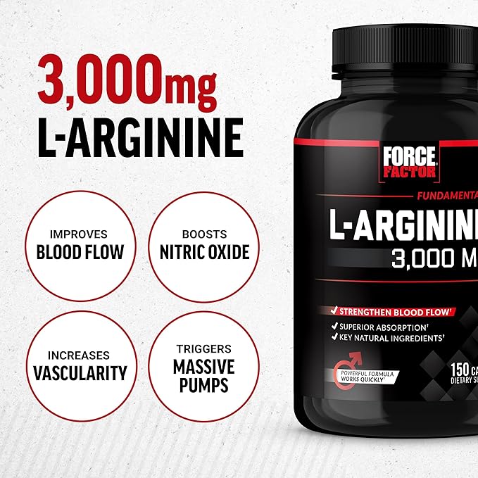 Force Factor L-Arginine Nitric Oxide Supplement with BioPerine to Help Build Muscle and Support Stronger Blood Flow, Circulation, Nutrient Delivery, and Pumps, L-Arginine 3000mg, 3g, 150 Capsules