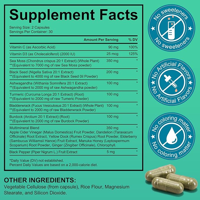 Sea Moss Black Seed Oil Ashwagandha Ginger, Sea Moss Capsule Supplement with Turmeric Burdock Root Bladderwrack Vitamin C Vitamin D3 Enhanced Immunity & Energy Black Seed Oil Capsule 60 Count