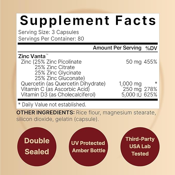 NatureBell Zinc Quercetin with Vitamin C & D3, 240 Capsules | Quercetin 1,000mg + Zinc 50mg + Vitamin C 250mg + Vitamin D3 5,000 IU | 4-in-1 Advanced Immune & Lung Support | ZincVanta Formula